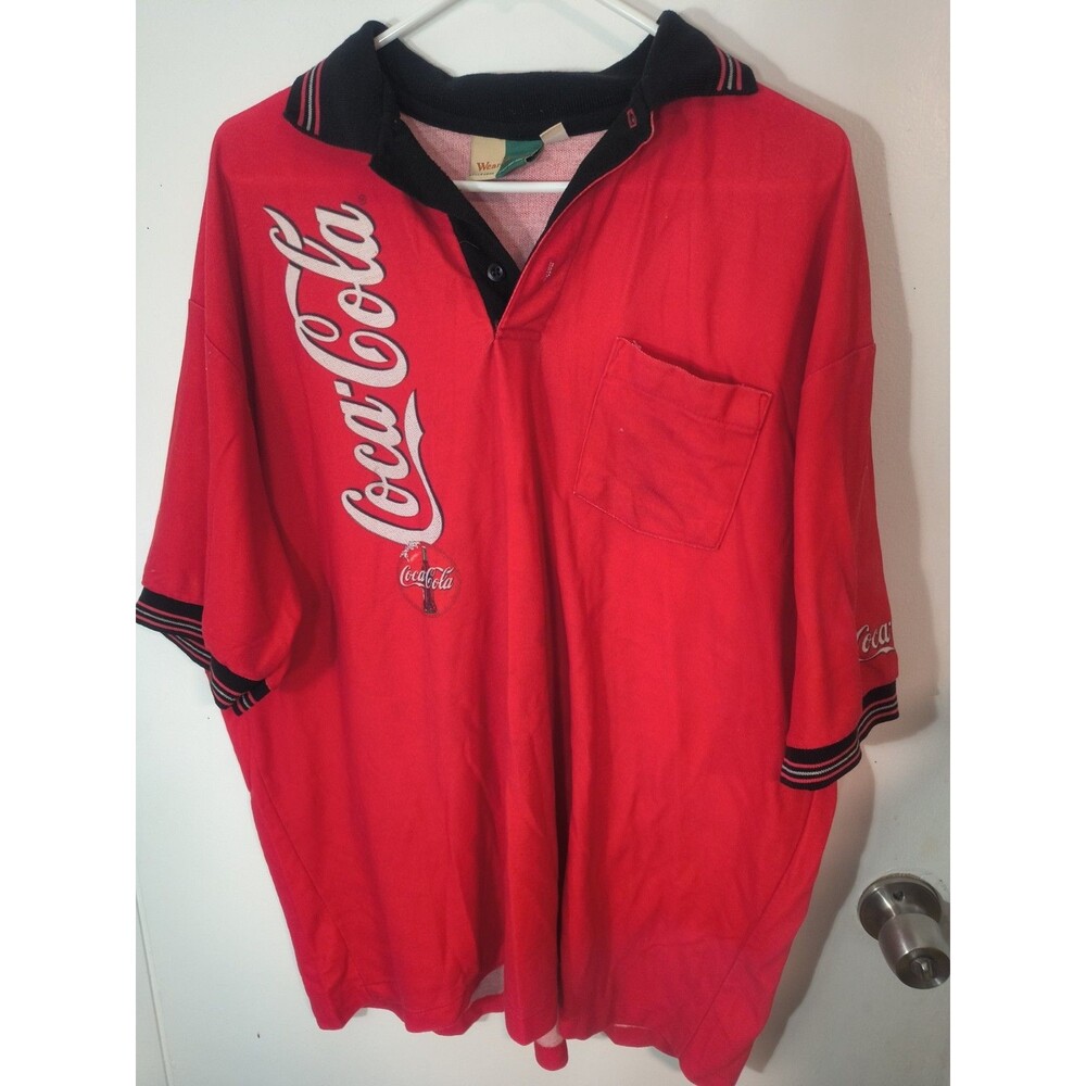 Vintage Coca Cola Collard Polo Shirt Spellout Uniform Red And Black Mens XL USA
